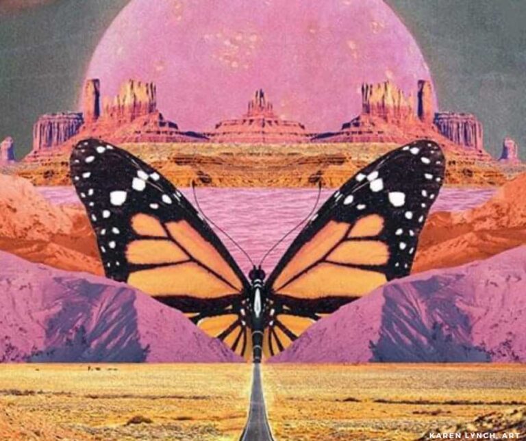 Althea Provost When the Stars Align butterfly over mystical Southwest desert landscape in vivid sunset colors.