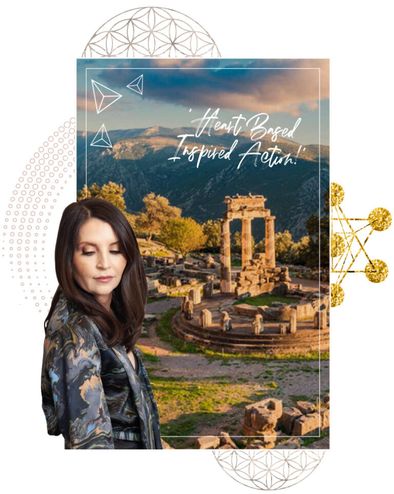 Althea Provost at the ancient Temple of Goddess Athena in Delphi, reflecting her intuitive guidance, courses on ancient goddess sites, and Starseed Adventure travel.