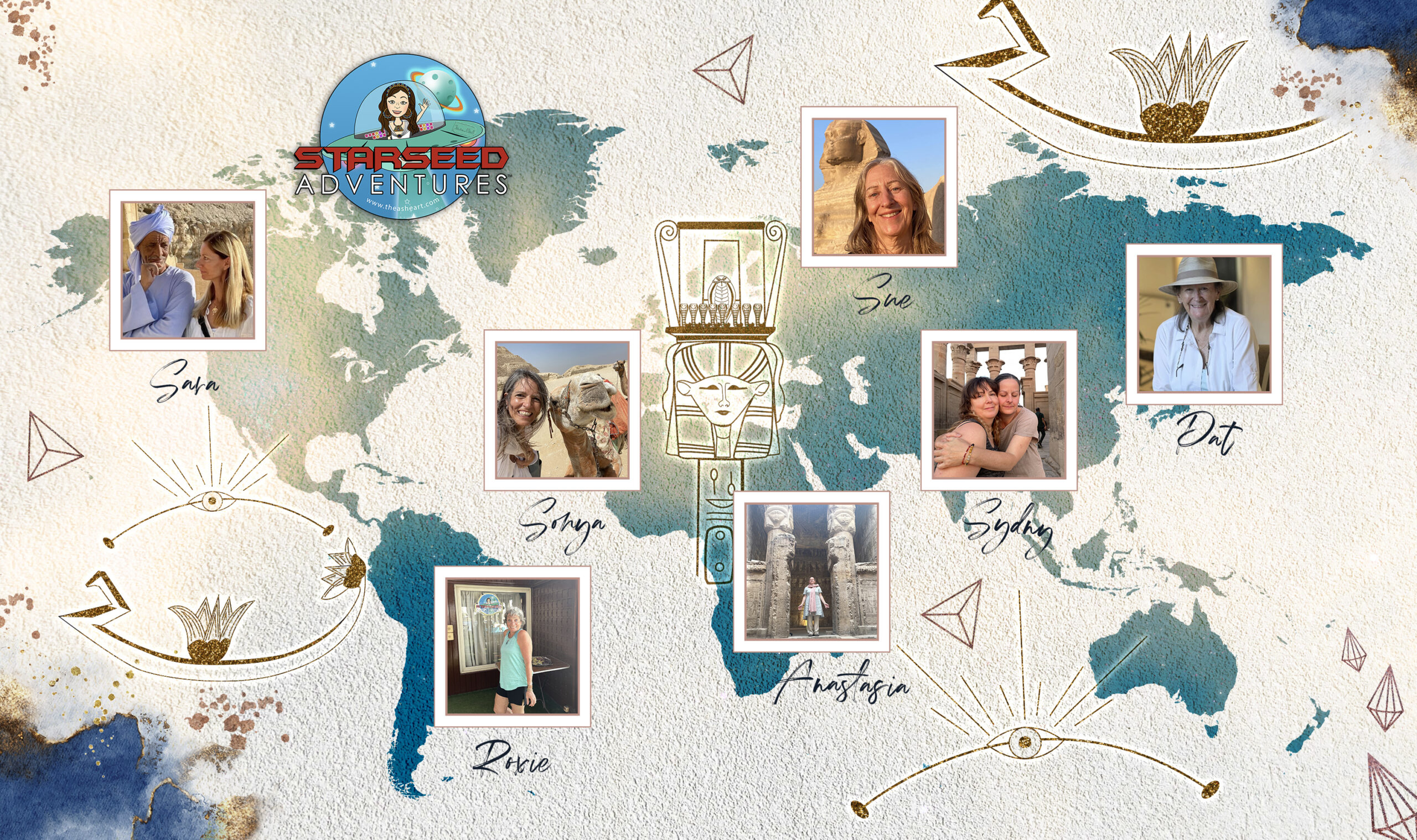 Interactive map featuring global starseed testimonials from the Starseed Egypt Adventure 2022, with portraits placed over a stylized world map infused with sacred Egyptian symbols.
