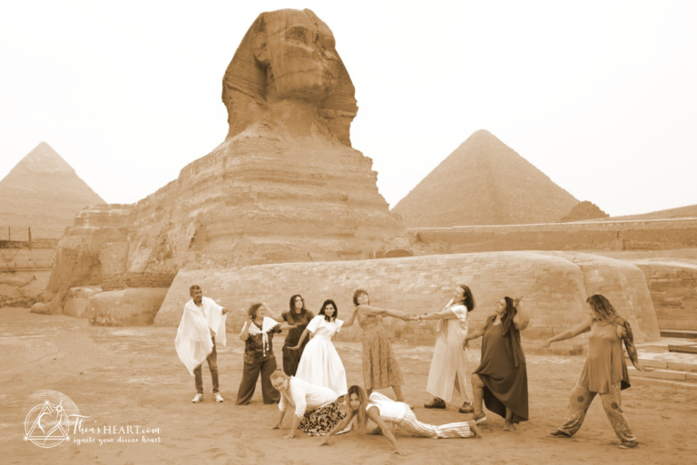 Starseed Egypt Adventure 2024 group with Althea Provost at the Sphinx in Giza, Egypt, dressed in ceremonial garments