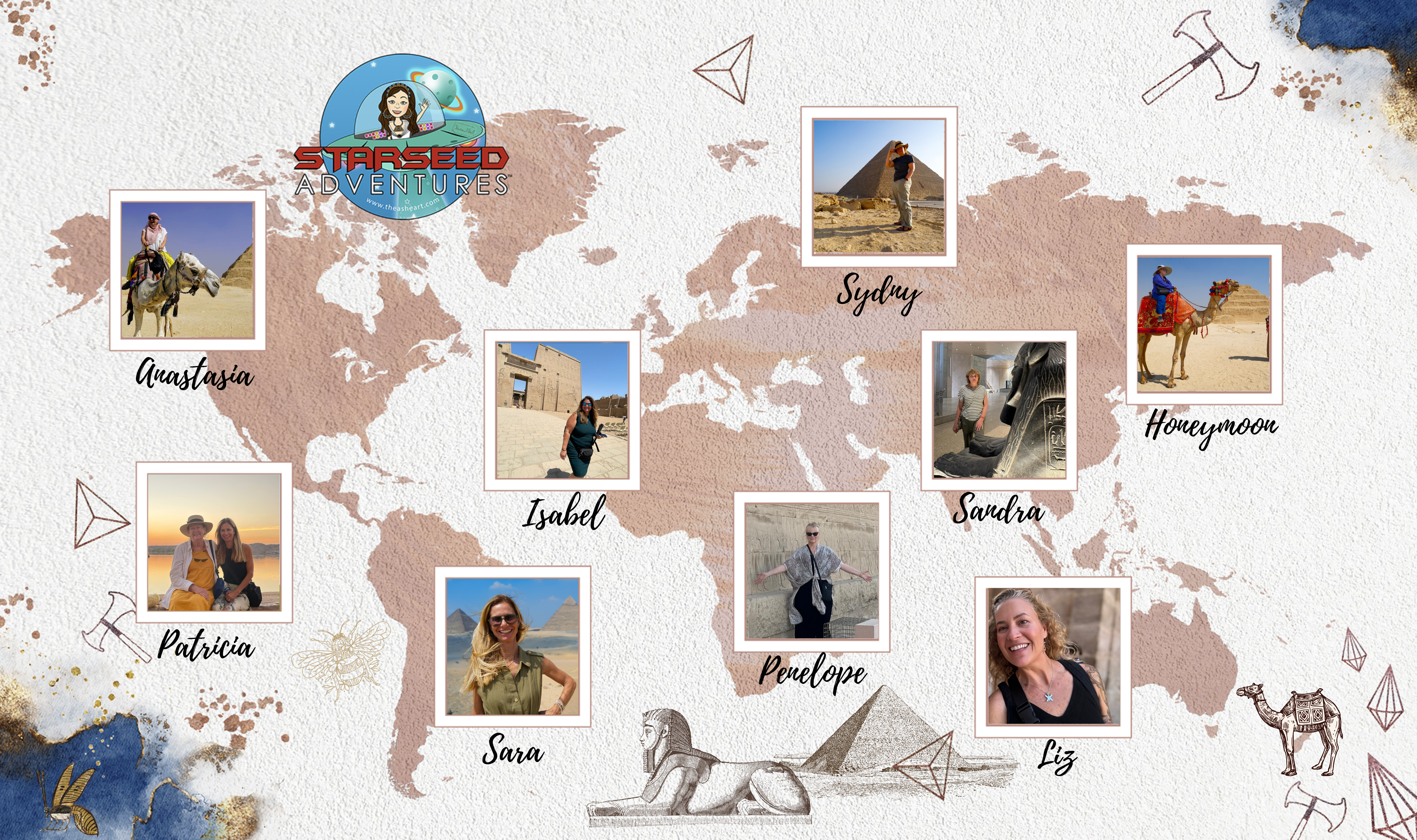 Interactive map featuring global starseed testimonials from the Starseed Egypt Adventure 2024, with portraits placed over a stylized world map infused with sacred Egyptian symbols.