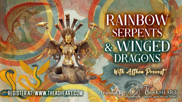 Winged multi‑armed statue with birds, surrounded by rainbow serpents and dragons, promoting Althea Provost’s Rainbow Serpents & Winged Dragons Interactive Course.
