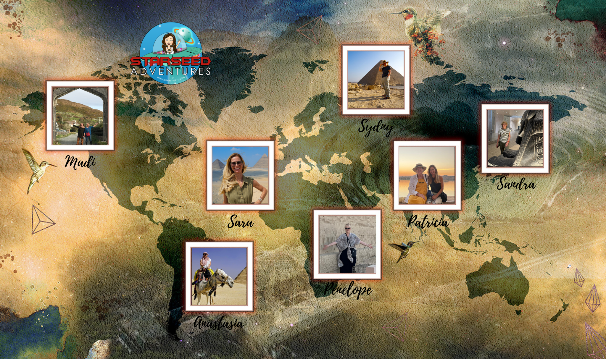 Interactive map featuring global starseed testimonials from the Starseed Peru Adventure 2025, with portraits placed over a stylized world map infused with Andean and Incan sacred symbols.