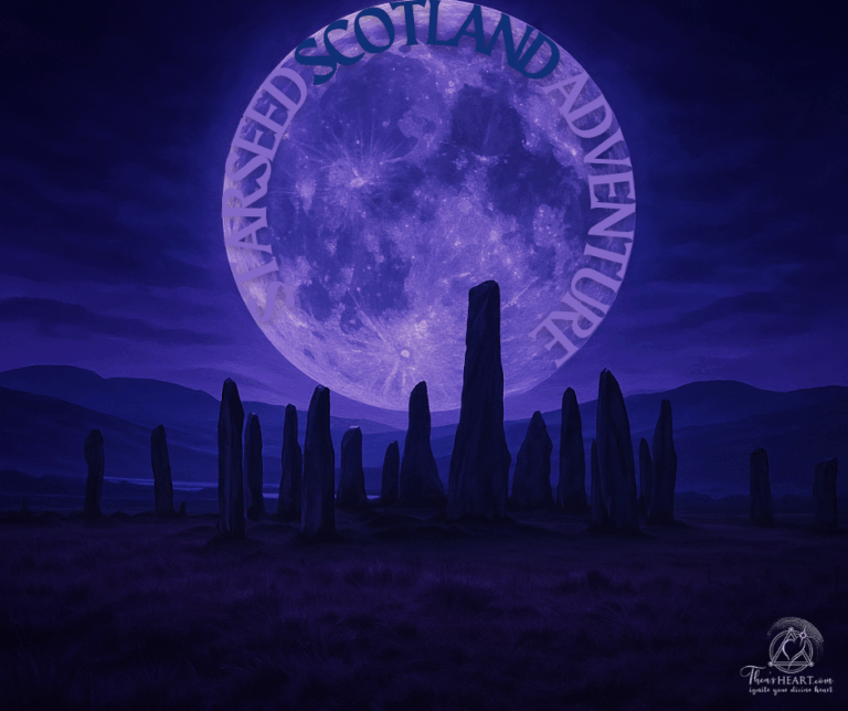 Pleiadian Lineup imagery featuring a moonlit Callanish‑style stone circle for Althea Provost’s Starseed Scotland Adventure 2025.