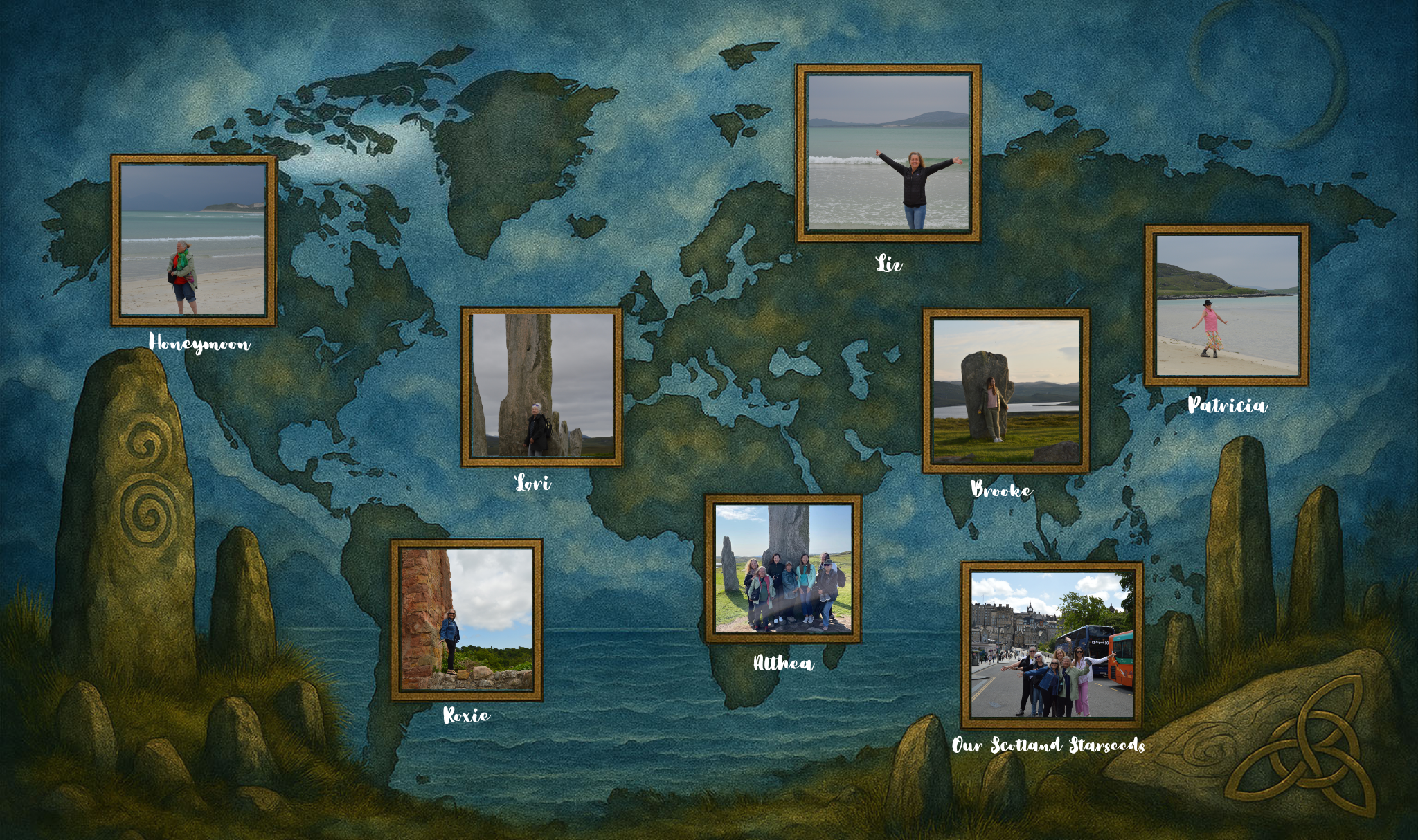 Interactive map featuring global starseed testimonials from the Starseed Scotland Adventure 2025, with portraits placed over a stylized world map infused with Celtic and Scottish sacred symbols.