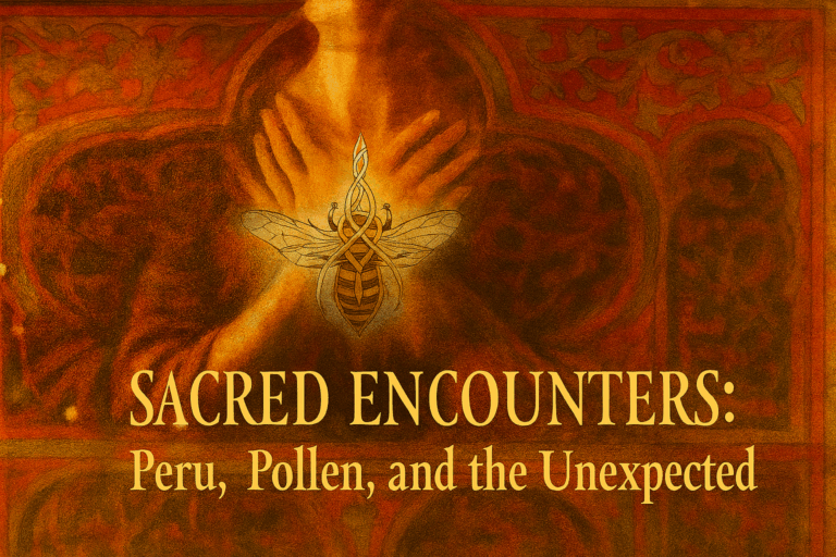Artwork for “Sacred Encounters: Peru, Pollen, and the Unexpected” by Althea Provost, featuring a reverent figure with an ornate bee symbol representing pollen, spiritual awakening, and unexpected transformation in Peru.