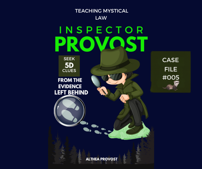 Cover art for “Inspector Provost — Case File #005” by Althea Provost, featuring a cartoon-style detective in a green trench coat examining footprints with a magnifying glass, set against a mystical forest backdrop. A ferret is highlighted as a key figure in the investigation.