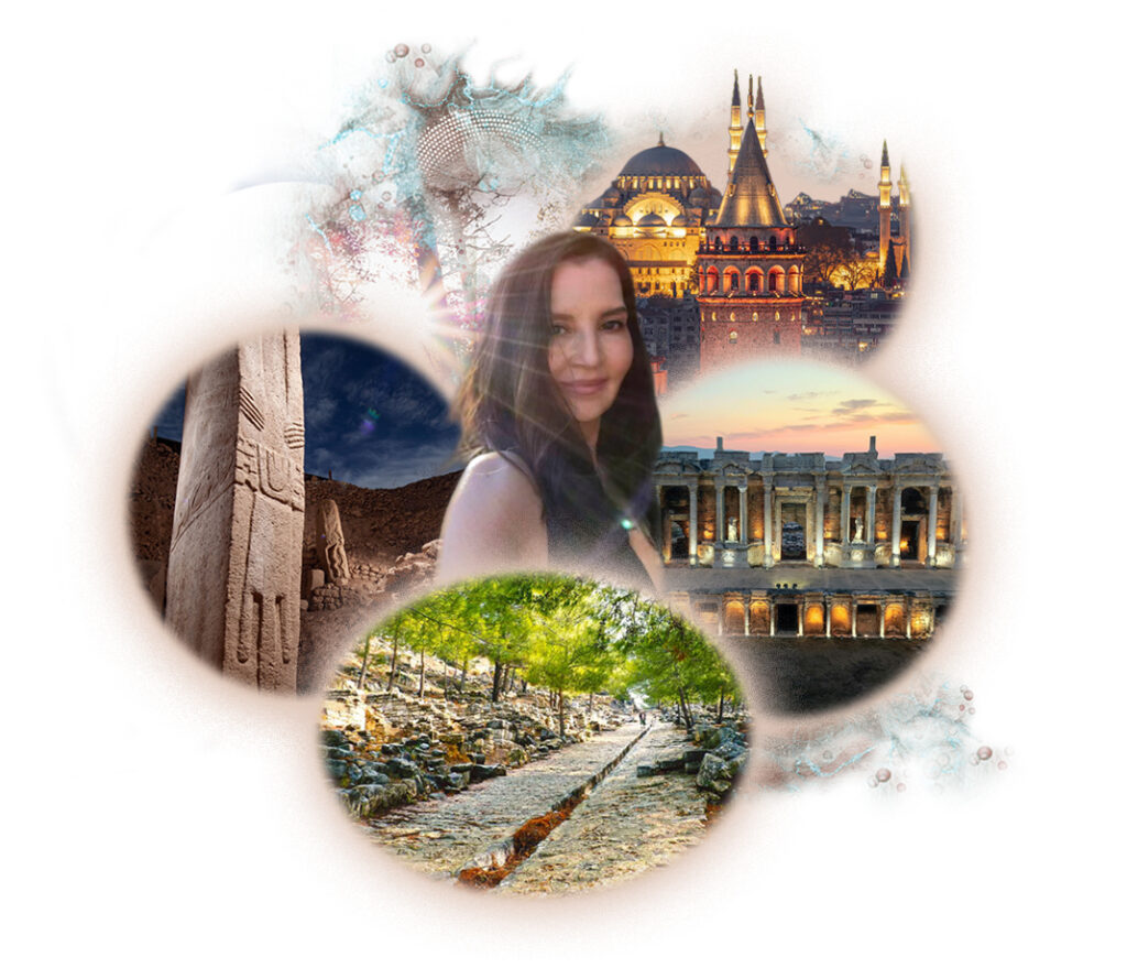 Starseed Turkiye Adventure image map featuring Althea Provost at the center, surrounded by symbolic locations from the journey, including the carved stone pillars of Göbekli Tepe, the stone‑paved ancient road lined with trees leading into Priene, and the Great Theatre of Ephesus glowing at dusk.