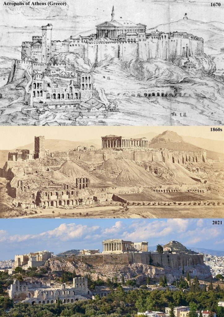 When Myth Becomes Memory Acropolis of Athens shown in 1670, 1860s, and 2021 illustrating the transformation of the sacred hill over time.