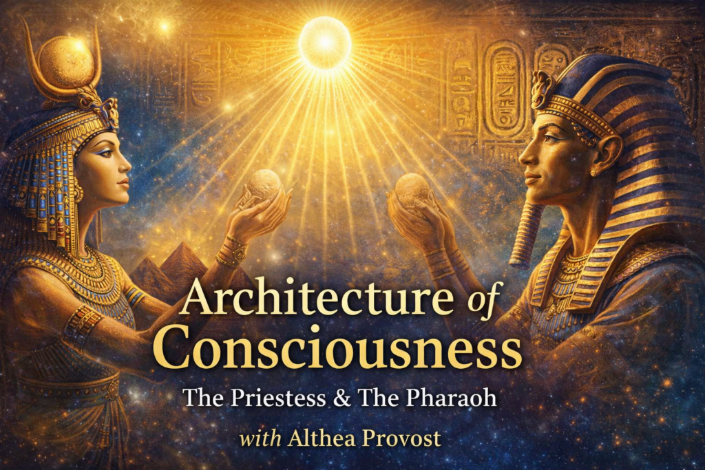 Architecture of Consciousness: The Priestess & The Pharaoh taught by Althea Provost, introducing the repeating ancient pattern of openness, enclosure, decentralization, and institutional power.
