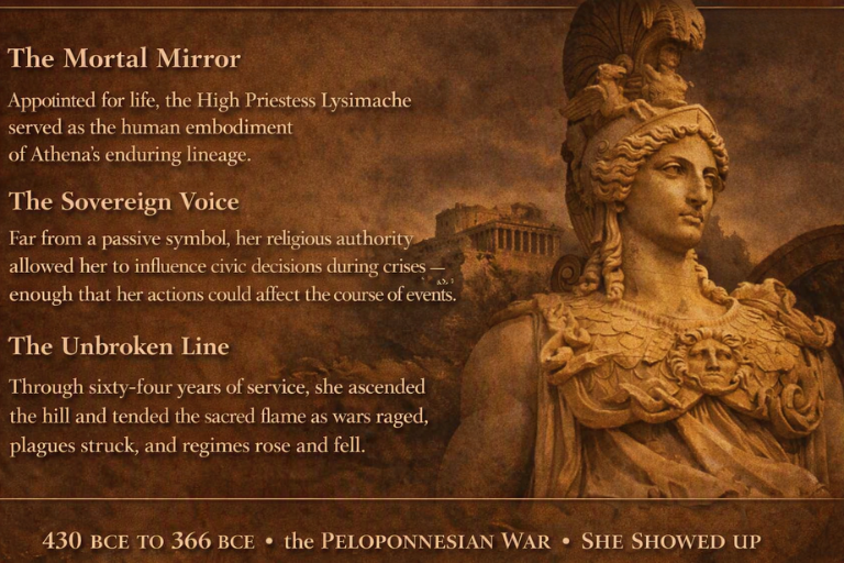 Lysimache as High Priestess guarding the sacred architecture of Athens.