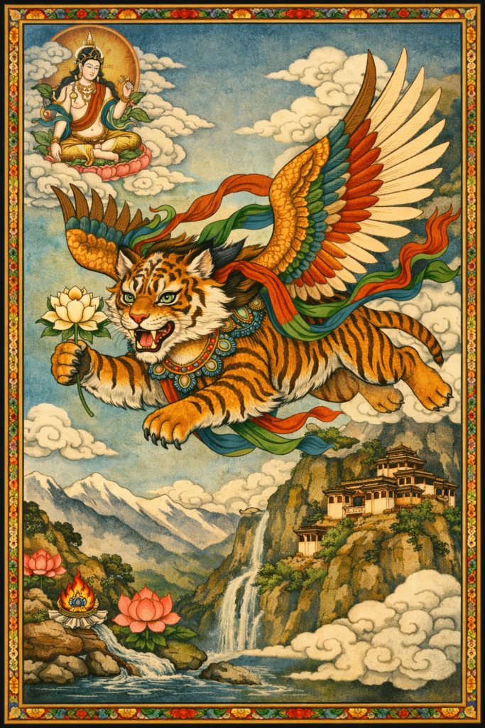 Starseed Bhutan Adventure, Winged tiger with multicolored wings carrying a white lotus, flying above Himalayan mountains, waterfalls, and a cliffside temple in Tibetan thangka style.