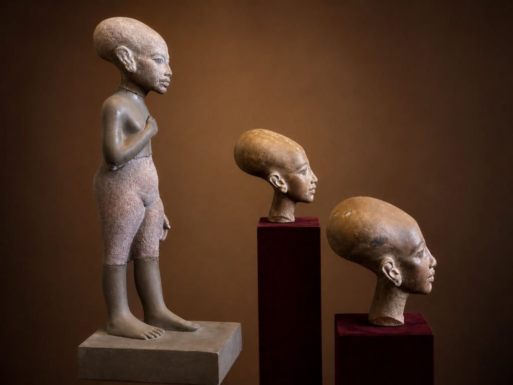 Treaty of Kadesh. Composite of three Amarna‑period sculptures — two busts and one standing figure — photographed at the Cairo Museum by Althea Provost.