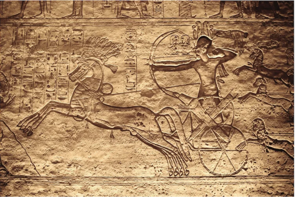 Treaty of Kadesh. Ramesses II standing in his chariot, drawing a bow during the assault on a Syrian fortress, based on battle reliefs from the Ramesseum.