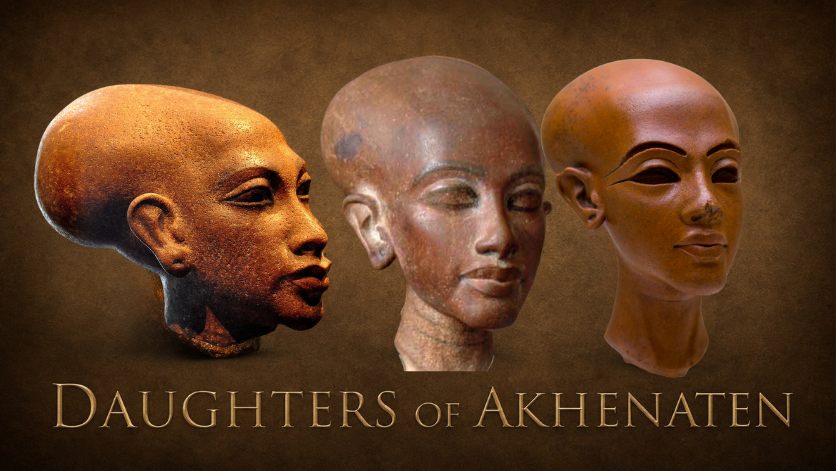 Treaty of Kadesh.  Three Amarna‑style sculptures depicting daughters of Akhenaten with elongated heads, identities unknown.